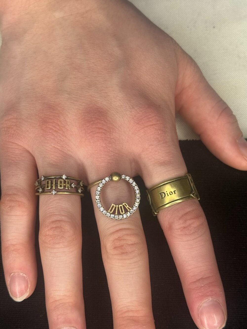 Gold Tone Ring Set of 3 – Letter Band, Crystal Circle & Wide Band